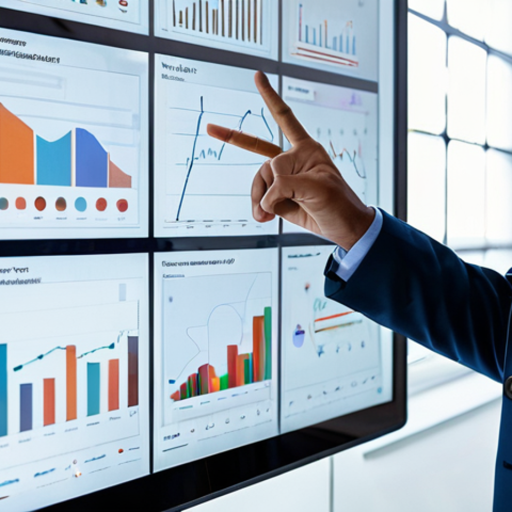A professional digital marketer in a modest business suit, deeply engaged in data analysis, looking at a large, futuristic transparent screen displaying complex charts and graphs, with subtle AI interface elements. One hand gestures towards the screen, the other on a sleek tablet. The setting is a minimalist, high-tech modern office with large windows and bright natural light. Professional photography, cinematic lighting, ultra-realistic, highly detailed, perfect anatomy, correct proportions, natural pose, well-formed hands, proper finger count, natural body proportions, fully clothed, modest clothing, appropriate attire, professional dress, safe for work, appropriate content, family-friendly.