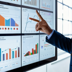 A professional digital marketer in a modest business suit, deeply engaged in data analysis, looking at a large, futuristic transparent screen displaying complex charts and graphs, with subtle AI interface elements. One hand gestures towards the screen, the other on a sleek tablet. The setting is a minimalist, high-tech modern office with large windows and bright natural light. Professional photography, cinematic lighting, ultra-realistic, highly detailed, perfect anatomy, correct proportions, natural pose, well-formed hands, proper finger count, natural body proportions, fully clothed, modest clothing, appropriate attire, professional dress, safe for work, appropriate content, family-friendly.