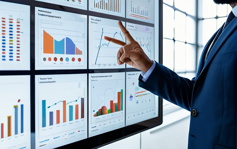 A professional digital marketer in a modest business suit, deeply engaged in data analysis, looking at a large, futuristic transparent screen displaying complex charts and graphs, with subtle AI interface elements. One hand gestures towards the screen, the other on a sleek tablet. The setting is a minimalist, high-tech modern office with large windows and bright natural light. Professional photography, cinematic lighting, ultra-realistic, highly detailed, perfect anatomy, correct proportions, natural pose, well-formed hands, proper finger count, natural body proportions, fully clothed, modest clothing, appropriate attire, professional dress, safe for work, appropriate content, family-friendly.